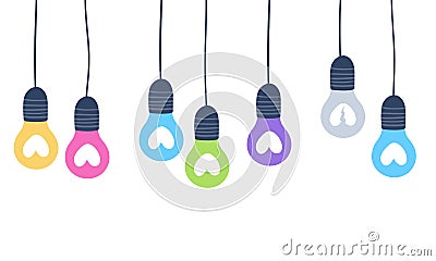 Hanging lightbulbs with hearts. Vector Illustration