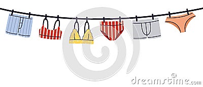 Hanging man and woman lingerie, underwear and swimwear flat style hand drawn vector illustration isolated on white background Vector Illustration