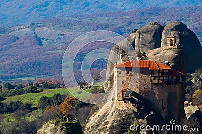 Hanging monastery at Meteora of Kalampaka in Greece. The Meteora area is on UNESCO World Heritage List since 1988 Stock Photo