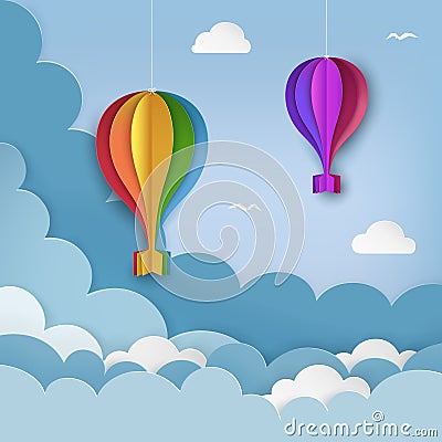 Hanging paper craft hot air balloons, flying birds, clouds on the daytime sky background. Cloudy sky background. Vector Illustration