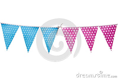 Hanging party flags isolated on white background, decorate items for festival, celebrate event. Decoration for the holidays Stock Photo