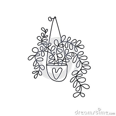 Hanging potted house plant drawn by hand of black outline. Vector Illustration