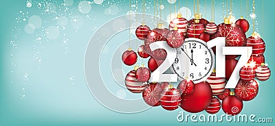 Hanging Red Baubles Christmas Clock 2017 Blue Header Vector Illustration