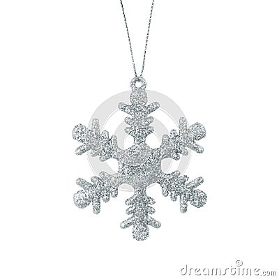 Hanging silver snowflake. Christmas ornament isolated on white background. Stock photo Stock Photo