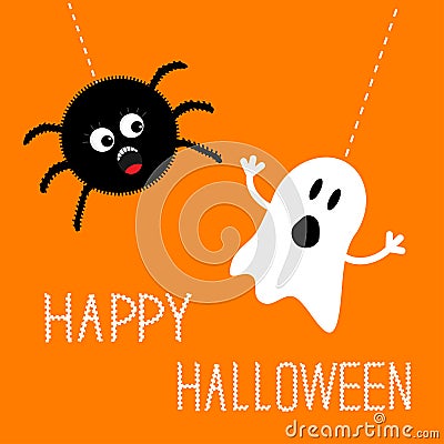 Hanging spider and ghost. Happy Halloween card. Flat design Vector Illustration