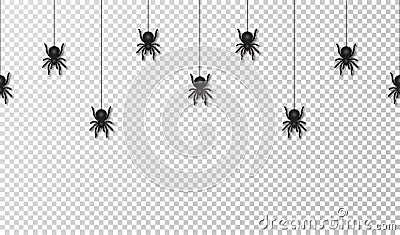 Hanging spiders for Halloween decoration, seamless pattern. Scary spiders hanging on cobweb, transparent background Vector Illustration