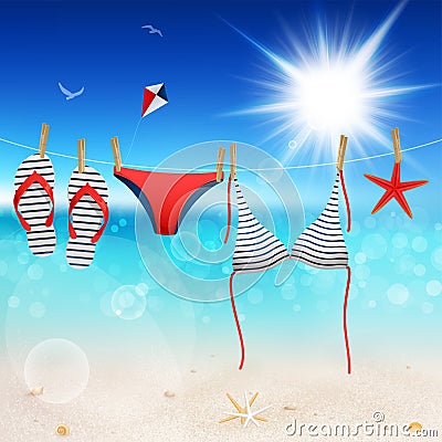 Hanging swimsuit and flip flops Vector Illustration