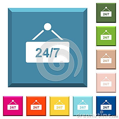 Hanging table with 24h seven days a week white icons on edged square buttons Stock Photo
