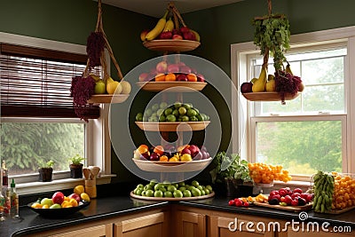 hanging tiered fruit baskets in pantry corner Stock Photo