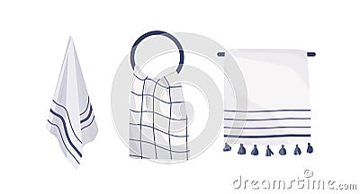 Hanging towels collection vector illustration. Kitchen and bathroom accessories set. Textile items on different hooks Vector Illustration