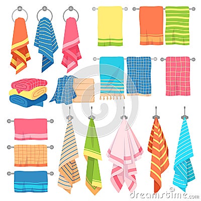 Hanging towels. Hang fabric soft color fresh textile kitchen or bath towel vector isolated set with checkered elements Vector Illustration