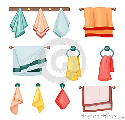 Hanging towels set. Colored textile fabric for kitchen and bath soft spa salons in hotels scented terry beach rough Vector Illustration