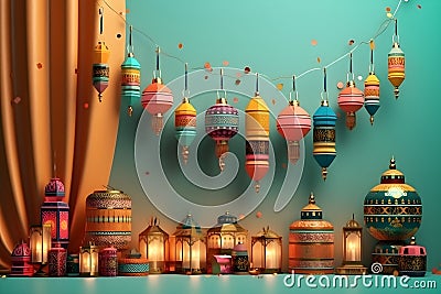 hanging traditional lantern lamps . Arabic Translation : Happy New Hijri Year. Stock Photo