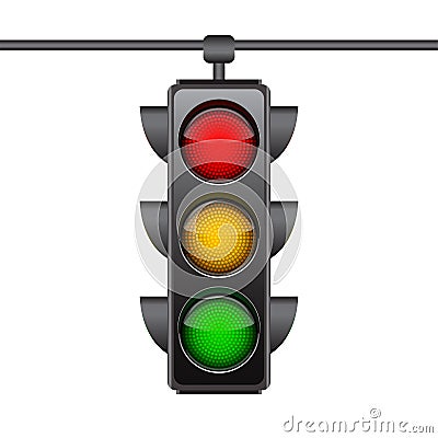 Hanging traffic lights with all three colors on. Vector Illustration