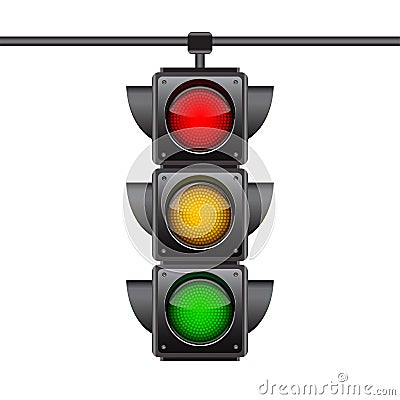 Hanging traffic lights with all three colors on. Vector Illustration