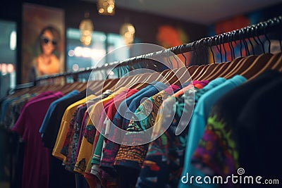 Hanging vibrant multicolored t-shirts in store. Generate ai Stock Photo