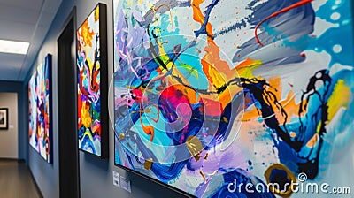 Hanging on the wall a large painting resembles a splash of colors and shapes as if someone had thrown a pot of paint in Stock Photo