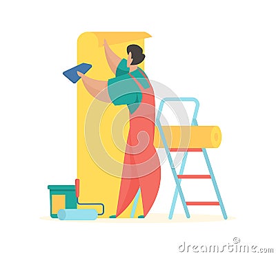 Hanging wallpaper gluing. Male character in uniform adhesive piece colored paper to wall Vector Illustration