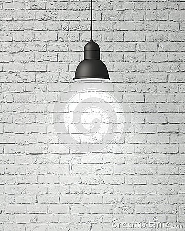 Hanging white lamp with shadow on vintage white painted brick wall, background Stock Photo