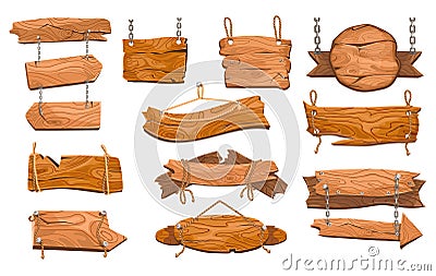 Hanging wood signboard. Cartoon wooden sign, board rope, frame chain, plank notice, timber plaque, old retro panel Vector Illustration