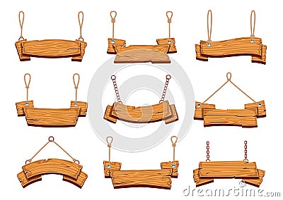 Hanging wood signs. Blank wooden signboards banners with ropes, vintage billboard with plywood texture cartoon isolated Vector Illustration