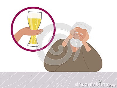 Hangover. Mature elderly man holds his head with her hands, experiencing headache, nausea, stress. Human hand with beer Vector Illustration