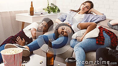 Hangover after party. Friends suffering from stomachache Stock Photo