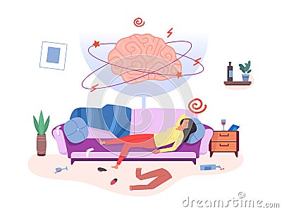 Hangover. Woman alcohol addiction, addicted alcoholic sleep in mess home brain headache from bad habit drinking red wine Vector Illustration