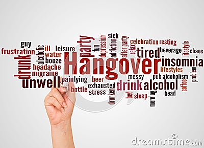 Hangover word cloud and hand with marker concept Stock Photo