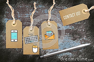 Hangtags with contact options as icons and message CONTACT US! Stock Photo