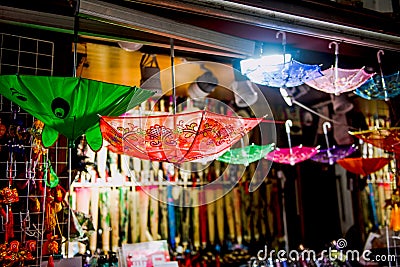 Hangzhou, China - August1, 2017: Street for tourists, traditional street food and soÐ³veniers, old historical architexture and Stock Photo