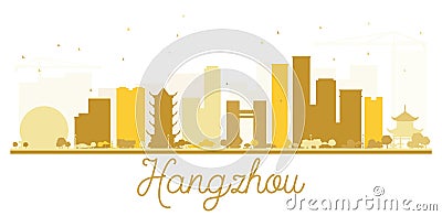 Hangzhou City skyline golden silhouette. Cartoon Illustration