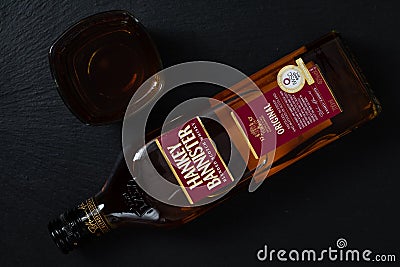 Hankey Bannister blended Scotch whisky bottle isolated on black background Editorial Stock Photo