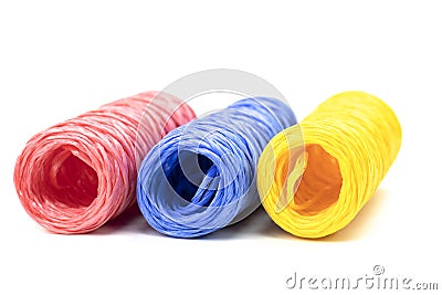 Hanks of colorful twine - pink, blue and yellow. concept of `we`re different.` Stock Photo