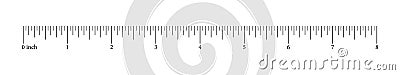 Ruler 8 inch scale. Horizontal measuring chart with markup und numbers. Length measurement math. Vector Illustration