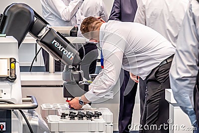 Hannover , Germany - April 02 2019 : Bosch Rexroth is displaying their cobot innovation at the Hannover Messe Editorial Stock Photo