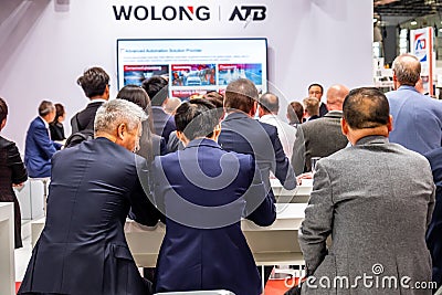 Hannover , Germany - April 02 2019 : Wolong is presenting the newest generation of cobots - Collaborative robots - and Editorial Stock Photo