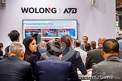 Hannover , Germany - April 02 2019 : Wolong is presenting the newest generation of cobots - Collaborative robots - and Editorial Stock Photo