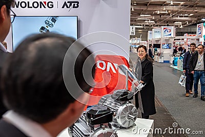 Hannover , Germany - April 02 2019 : Wolong is presenting the newest innovations at the HANNOVER FAIR Editorial Stock Photo