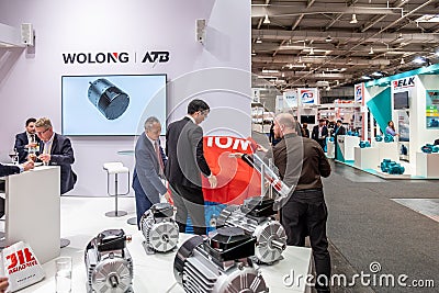 Hannover , Germany - April 02 2019 : Wolong is presenting the newest innovations at the HANNOVER FAIR Editorial Stock Photo