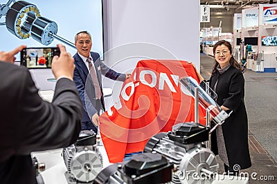 Hannover , Germany - April 02 2019 : Wolong is presenting the newest innovations at the HANNOVER FAIR Editorial Stock Photo