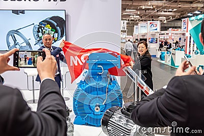 Hannover , Germany - April 02 2019 : Wolong is presenting the newest innovations at the HANNOVER FAIR Editorial Stock Photo