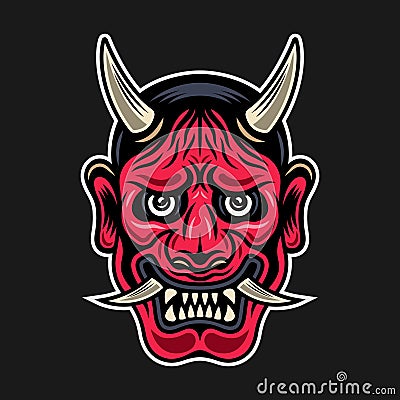 Hannya japanese theatre mask with horns, demon face vector illustration in vintage colorful style on dark background Vector Illustration