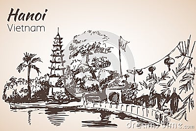 Hanoi bay with pagoda. Vietnam. Vector Illustration