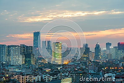 Hanoi cityscape at sunset with arising high buildings in Dong Da district Stock Photo