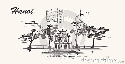 Hanoi hand drawn sketch ilustration.Hoan Kiem Lake. Cartoon Illustration