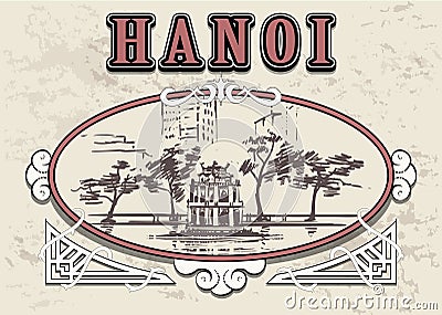 Hanoi Hoan Kiem Lake sketch illustration hand drawn. Cartoon Illustration