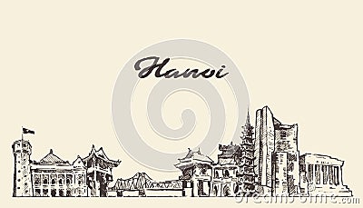 Hanoi skyline Vietnam hand drawn vector sketch Vector Illustration