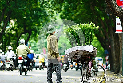 HANOI -24th April, 2013, Unidentified flower vendor in a street in Hanoi Vietnam. This is a specific tradition in Hanoi Editorial Stock Photo