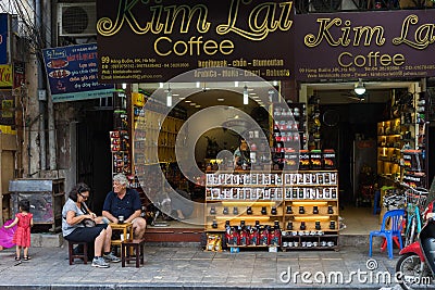 Hanoi, Vietnam - Apr 5, 2015: Various brand name coffee for sale in Hang Buom street, Hoan Kiem district. Vietnam is the world`s Editorial Stock Photo